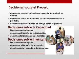 Decisiones sobre el Proceso
• determinar cuántas unidades se necesitarán producir en
un mes.
• determinar cómo se obtendrán las unidades requeridas a
producir.
• determinar cuántos turnos de trabajo serán requeridos.
Decisiones sobre la Capacidad
Decisiones estratégicas:
• determina el tamaño de la instalación.
• determina la localización de la instalación.
Decisiones sobre Inventario
Decisiones estratégicas:
• determinar el tamaño de inventario.
• decidir cuánto y cuándo ordenar por vez.
 