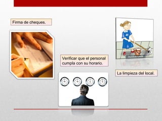 Firma de cheques.
Verificar que el personal
cumpla con su horario.
La limpieza del local.
 