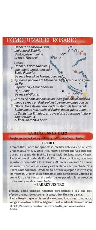 CÓMO REZAR EL ROSARIO
Hacer la señal de la Cruz, ¿fe
pidiendo al Espíritu V ' " ' f i y- s ,
Santo guie e ilumine <5*^ á
tu rezo. Rezar el '<''Le
Rezar el Padre Nuestro, ¿ f
que encabeza el rezo del ,•
Sanio Rosario. ®
Se reza fres /Ave Marías, que nos ' ^
ayudan a pedirle a la Madre de %¡ 5D/os que nos guie
en Fe, •
Esperanza yAmor hacia su ' f
Hijo, Jesús. i ■ * '
Se reza el Gloria. ' ' ^»*^4
/Anfes de cada decena se anuncia ymedita el misterio,
luego se reza un Padre Nuestro y se concluye con un
Gloria. De esta manera, cada misterio de la vida del
Señor Jesús nos remite al Padre, quien guía a Jesús. a
la Santísima Trinidad, en cuya gloria buscamosimitary
seguir a Jesús.
Al final, se reza la Salve.
ORACIONES DEL ROSARIO
LA SEÑAL DE LA CRUZ
En el nombre del Padre y del Hijo y del Espíritu Santo. Amén.
CREDO
Creo en Dios Padre Todopoderoso,creador del cielo y de la tierra.
Creo en Jesucristo, su único Hijo, nuestro Señor; que fue concebido
por obra y gracia del Espíritu Santo; nació de Santa María Virgen.
Padeció bajo el poder de Pondo Pilato. Fue crucificado, muerto y
sepultado. Descendió a los infiernos. Al tercer día resucitó de entre
los muertos. Subió a los cielos y está sentado a la derecha de Dios
Padre Todopoderoso.Desde allí ha de venir a juzgar a los vivos y a
los muertos. Creo en el Espíritu Santo; en la Santa Iglesia Católica; la
comunión de los Santos: el perdón de los pecados; la resurrección
de la carne y la vida eterna. Amén.
• PADRENUESTRO
Padre Nuestro que estás en el cielo, santificado sea tu nombre,
venga a nosotros tu Reino, hágase tu voluntad en la tierra como en
el cielo/Danos hoy nuestro pan de cada día, perdona nuestras
Amén.
ofensas, como también nosotros perdonamos a los que nos
ofenden, no nos dejes caer en la tentación y líbranos del mal.
 