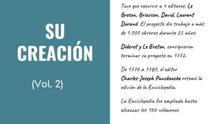 SU
CREACIÓN
(Vol. 2)
Tuv e c ir 4 ed es: Le
Bre , Bri n, Dav , La r
Dur . El oy di ba ás
de 1.000 ob s u n 25 años.
Did y Le n, co g i
te n u p c o 1772.
De 1776 a 1780, el or
Cha s-Jos P n o c re ó la
ed ón e En lo a.
La En i l i f e l a s a
al z os 166 vo úme
 