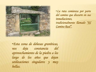 •La ruta comienza por parte
del camino que discurre en sus
inmediaciones,
tradicionalmente llamado “El
Camino Real”.
•Esta zona de dehesas graníticas,
nos deja constancia del
aprovechamiento de la piedra a los
largo de los años que dejan
utilizaciones singulares y muy
bellas.
 