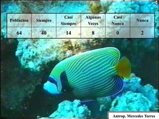 Antrop. Mercedes Torres
Población Siempre
Casi
Siempre
Algunas
Veces
Casi
Nunca
Nunca
64 40 14 8 0 2
 