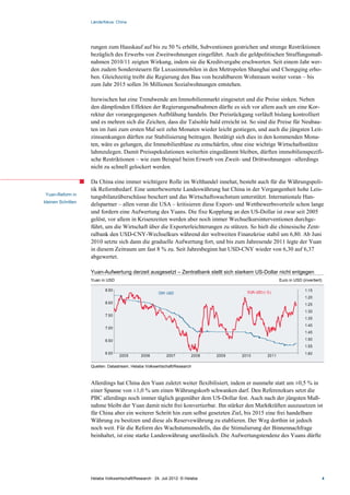 Länderfokus: China




                    rungen zum Hauskauf auf bis zu 50 % erhöht, Subventionen gestrichen und strenge Restriktionen
                    bezüglich des Erwerbs von Zweitwohnungen eingeführt. Auch die geldpolitischen Straffungsmaß-
                    nahmen 2010/11 zeigten Wirkung, indem sie die Kreditvergabe erschwerten. Seit einem Jahr wer-
                    den zudem Sondersteuern für Luxusimmobilen in den Metropolen Shanghai und Chongqing erho-
                    ben. Gleichzeitig treibt die Regierung den Bau von bezahlbarem Wohnraum weiter voran – bis
                    zum Jahr 2015 sollen 36 Millionen Sozialwohnungen entstehen.

                    Inzwischen hat eine Trendwende am Immobilienmarkt eingesetzt und die Preise sinken. Neben
                    den dämpfenden Effekten der Regierungsmaßnahmen dürfte es sich vor allem auch um eine Kor-
                    rektur der vorangegangenen Aufblähung handeln. Der Preisrückgang verläuft bislang kontrolliert
                    und es mehren sich die Zeichen, dass die Talsohle bald erreicht ist. So sind die Preise für Neubau-
                    ten im Juni zum ersten Mal seit zehn Monaten wieder leicht gestiegen, und auch die jüngsten Leit-
                    zinssenkungen dürften zur Stabilisierung beitragen. Bestätigt sich dies in den kommenden Mona-
                    ten, wäre es gelungen, die Immobilienblase zu entschärfen, ohne eine wichtige Wirtschaftsstütze
                    lahmzulegen. Damit Preisspekulationen weiterhin eingedämmt bleiben, dürften immobilienspezifi-
                    sche Restriktionen – wie zum Beispiel beim Erwerb von Zweit- und Drittwohnungen –allerdings
                    nicht zu schnell gelockert werden.

                    Da China eine immer wichtigere Rolle im Welthandel innehat, besteht auch für die Währungspoli-
                    tik Reformbedarf. Eine unterbewertete Landeswährung hat China in der Vergangenheit hohe Leis-
Yuan-Reform in
                    tungsbilanzüberschüsse beschert und das Wirtschaftswachstum unterstützt. Internationale Han-
kleinen Schritten
                    delspartner – allen voran die USA – kritisieren diese Export- und Wettbewerbsvorteile schon lange
                    und fordern eine Aufwertung des Yuans. Die fixe Kopplung an den US-Dollar ist zwar seit 2005
                    gelöst, vor allem in Krisenzeiten werden aber noch immer Wechselkursinterventionen durchge-
                    führt, um die Wirtschaft über die Exporterleichterungen zu stützen. So hielt die chinesische Zent-
                    ralbank den USD-CNY-Wechselkurs während der weltweiten Finanzkrise stabil um 6,80. Ab Juni
                    2010 setzte sich dann die graduelle Aufwertung fort, und bis zum Jahresende 2011 legte der Yuan
                    in diesem Zeitraum um fast 8 % zu. Seit Jahresbeginn hat USD-CNY wieder von 6,30 auf 6,37
                    abgewertet.

                    Yuan-Aufwertung derzeit ausgesetzt – Zentralbank stellt sich starkem US-Dollar nicht entgegen
                    Yuan in USD                                                                            Euro in USD (invertiert)

                           8.50                                                                                          1.15
                                                        CNY-USD                          EUR-USD (r.S.)
                                                                                                                         1.20
                           8.00                                                                                          1.25
                                                                                                                         1.30
                           7.50
                                                                                                                         1.35
                                                                                                                         1.40
                           7.00
                                                                                                                         1.45

                           6.50                                                                                          1.50
                                                                                                                         1.55
                           6.00                                                                                          1.60
                                   2005       2006          2007         2008   2009   2010         2011

                    Quellen: Datastream, Helaba Volkswirtschaft/Research



                    Allerdings hat China den Yuan zuletzt weiter flexibilisiert, indem er nunmehr statt um ±0,5 % in
                    einer Spanne von ±1,0 % um einen Währungskorb schwanken darf. Den Referenzkurs setzt die
                    PBC allerdings noch immer täglich gegenüber dem US-Dollar fest. Auch nach der jüngsten Maß-
                    nahme bleibt der Yuan damit nicht frei konvertierbar. Ihn stärker den Marktkräften auszusetzen ist
                    für China aber ein weiterer Schritt hin zum selbst gesetzten Ziel, bis 2015 eine frei handelbare
                    Währung zu besitzen und diese als Reservewährung zu etablieren. Der Weg dorthin ist jedoch
                    noch weit. Für die Reform des Wachstumsmodells, das die Stimulierung der Binnennachfrage
                    beinhaltet, ist eine starke Landeswährung unerlässlich. Die Aufwertungstendenz des Yuans dürfte




                    Helaba Volkswirtschaft/Research · 24. Juli 2012· © Helaba                                                         4
 