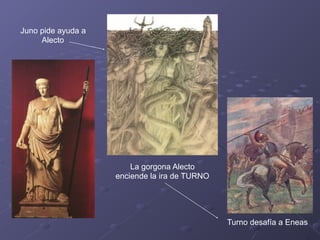 La gorgona Alecto
enciende la ira de TURNO
Turno desafía a Eneas
Juno pide ayuda a
Alecto
 