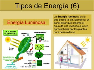 Tipos de Energía (6) Energía Luminosa La  Energía luminosa  es la que posee la luz. Ejemplos: un panel solar que calienta el agua de una vivienda o la luz aprovechada por las plantas para desarrollarse. 