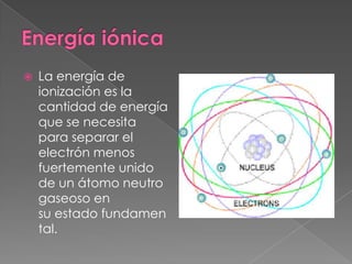 

La energía de
ionización es la
cantidad de energía
que se necesita
para separar el
electrón menos
fuertemente unido
de un átomo neutro
gaseoso en
su estado fundamen
tal.

 