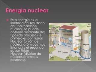 

Esta energía es la
liberada del resultado
de una reacción
nuclear, se puede
obtener mediante dos
tipos de procesos, el
primero es por Fusión
Nuclear (unión de
núcleos atómicos muy
livianos) y el segundo
es por Fisión
Nuclear (división de
núcleos atómicos
pesados).

 
