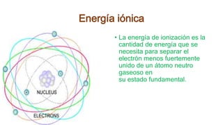 Energía iónica
• La energía de ionización es la
cantidad de energía que se
necesita para separar el
electrón menos fuertemente
unido de un átomo neutro
gaseoso en
su estado fundamental.
 