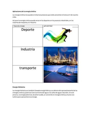 Aplicacionesde la energíacinética
La energíacinéticanosayudanendiversosprocesosque están presentenel transcurrirde nuestra
vidas.
Así pueslaenergíacinéticapuede verse enlosdeportesenlosprocesosindustriales,en los
sistemasde trasporte yla industria
Tiposde energía aplicabilidad
Deporte
Industria
transporte
Energía Hidráulica
La energíahidráulicaestambiénllamadaenergíahídricayse obtiene del aprovechamientode las
energíascinéticaypotencial de lacorriente del aguao lossaltosde aguas naturales.Eneste
proceso,laenergíapotencial,durante lacaída,se convierte en energíacinéticaymueve una
turbinapara aprovecharesaenergía.
 