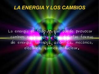 LA ENERGIA Y LOS CAMBIOS



La energía es todo lo que puede provocar
 cambios en las cosas. Hay distintas formas
 de energía: luminosa, calorífica, mecánica,
        eléctrica, química o nuclear.
 