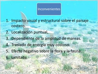 Impacto visual y estructural sobre el paisaje costero.Localización puntual.Dependiente de la amplitud de mareas.Traslado de energía muy costoso.Efecto negativo sobre la flora y la fauna.Limitada.