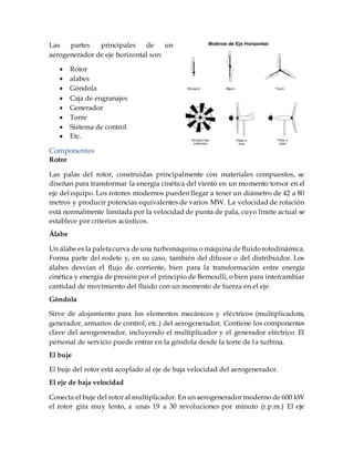 Energía Eólica; componentes y funcionamiento de aerogeneradores | DOCX