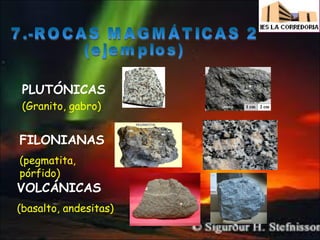 PLUTÓNICAS
(Granito, gabro)

FILONIANAS
(pegmatita,
pórfido)

VOLCÁNICAS
(basalto, andesitas)

 