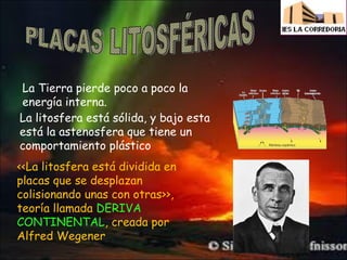 La Tierra pierde poco a poco la
energía interna.
La litosfera está sólida, y bajo esta
está la astenosfera que tiene un
comportamiento plástico
<<La litosfera está dividida en
placas que se desplazan
colisionando unas con otras>>,
teoría llamada DERIVA
CONTINENTAL, creada por
Alfred Wegener

 