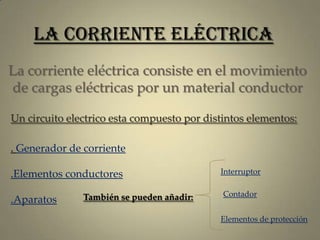 La corriente eléctrica
La corriente eléctrica consiste en el movimiento
de cargas eléctricas por un material conductor
Un ...