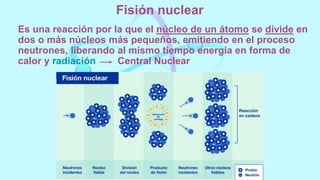 Fisión nuclear
Es una reacción por la que el núcleo de un átomo se divide en
dos o más núcleos más pequeños, emitiendo en el proceso
neutrones, liberando al mismo tiempo energía en forma de
calor y radiación Central Nuclear
 