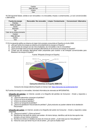 Carbón
                                  Olas del mar
                                     Uranio
                                      Gas

16) Del siguiente listado, señala si son renovables o no renovables, limpias o contaminantes, y si son convencionales
o alternativas.

    Fuente de energía           Renovable / No renovable     Limpia / Contaminante      Convencional / Alternativa
          Petróleo
      Saltos de agua
           Viento
          Biomasa
             Sol
Calor de la corteza terrestre
           Carbón
       Olas del mar
           Uranio
            Gas

17) En la siguiente gráfica se observa el origen de la energía consumida en España en el año 2008:
    a) ¿De qué fuente de energía se obtiene primordialmente la energía en España?
    b) ¿Qué fuentes de energía son las más empleadas, las renovables o las no renovables?
    c) ¿Qué porcentaje total suman las energías alternativas en el consumo de energía en España?
    d) ¿Crees que las energías alternativas están preparadas para sustituir a las energías convencionales para
        abastecer de energía a España?
                                      Fuente: Wikipedia (Energía en España).




            Consumo de energía eléctrica España en tiempo real: https://demanda.ree.es/demanda.html

18) Fuentes de energía no renovables. Actividad informática de visionado de INFOGRAFÍAS.

    Infografía del petróleo: en Internet, accede a la infografía del petróleo de Consumer – Eroski y responde a
    estas preguntas:
       a) ¿Qué dos elementos componen el petróleo?
       b) ¿Cómo se forma el petróleo?
       c) ¿Cómo se extrae el petróleo?
       d) ¿Cómo se transporta el petróleo?
       e) ¿Qué es la destilación fraccionada de petróleo? ¿Qué productos se pueden obtener de la destilación
           fraccionada?

    Infografía del carbón: en Internet, accede a la infografía del carbón de Consumer – Eroski y responde a estas
    preguntas:
       a) ¿Qué es el carbón? ¿Cómo se forma?
       b) Identifica los tres tipos de carbón que existen. Al mismo tiempo, identifica cuál de los tres aporta más
           energía y el que menos contamina.
       c) Nombra (no entres en detalles) los tipos de minas de carbón. ¿Cuál crees que es más peligrosa?
       d) Indica los usos que tienen hoy en día el carbón. ¿En qué se emplea más?



                                                                                                                   7
 