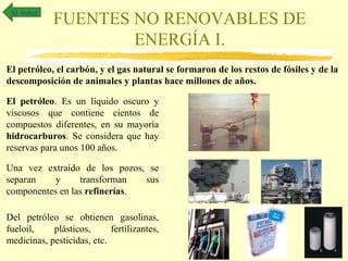 Al índice

FUENTES NO RENOVABLES DE
ENERGÍA I.

El petróleo, el carbón, y el gas natural se formaron de los restos de fósiles y de la
descomposición de animales y plantas hace millones de años.
El petróleo. Es un líquido oscuro y
viscosos que contiene cientos de
compuestos diferentes, en su mayoría
hidrocarburos. Se considera que hay
reservas para unos 100 años.
Una vez extraído de los pozos, se
separan
y
transforman
sus
componentes en las refinerías.
Del petróleo se obtienen gasolinas,
fueloil,
plásticos,
fertilizantes,
medicinas, pesticidas, etc.

 