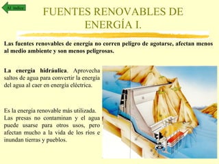 Al índice

FUENTES RENOVABLES DE
ENERGÍA I.

Las fuentes renovables de energía no corren peligro de agotarse, afectan menos
al medio ambiente y son menos peligrosas.
La energía hidráulica. Aprovecha
saltos de agua para convertir la energía
del agua al caer en energía eléctrica.

Es la energía renovable más utilizada.
Las presas no contaminan y el agua
puede usarse para otros usos, pero
afectan mucho a la vida de los ríos e
inundan tierras y pueblos.

 