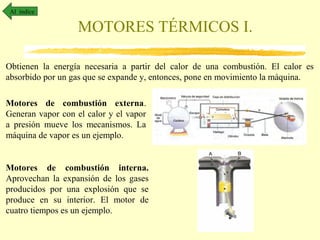 Al índice

MOTORES TÉRMICOS I.
Obtienen la energía necesaria a partir del calor de una combustión. El calor es
absorbido por un gas que se expande y, entonces, pone en movimiento la máquina.
Motores de combustión externa.
Generan vapor con el calor y el vapor
a presión mueve los mecanismos. La
máquina de vapor es un ejemplo.

Motores de combustión interna.
Aprovechan la expansión de los gases
producidos por una explosión que se
produce en su interior. El motor de
cuatro tiempos es un ejemplo.

 