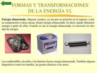 Al índice

FORMAS Y TRANSFORMACIONES
DE LA ENERGÍA VI.

Energía almacenada. Algunos cuerpos, ya sea por su posición en el espacio, o por
su composición u otras causas, tienen energía almacenada. Es decir, puede obtenerse
energía a partir de ellos. Cuando se usa la energía almacenada, se convierte en otro
tipo de energía.

Los combustibles, las pilas y las baterías tienen energía almacenada. También algunos
dispositivos como los muelles, las gomas elásticas o los arcos.

 