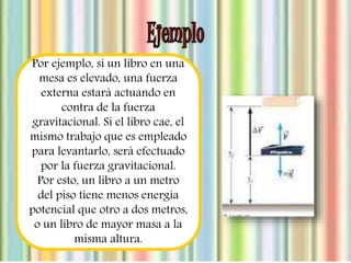 Por ejemplo, si un libro en una 
mesa es elevado, una fuerza 
externa estará actuando en 
contra de la fuerza 
gravitacional. Si el libro cae, el 
mismo trabajo que es empleado 
para levantarlo, será efectuado 
por la fuerza gravitacional. 
Por esto, un libro a un metro 
del piso tiene menos energía 
potencial que otro a dos metros, 
o un libro de mayor masa a la 
misma altura. 
 