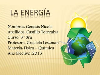 LA ENERGÍA
Nombres: Génesis Nicole
Apellidos: Castillo Torrealva
Curso: 3° 3ra
Profesora: Graciela Leszman
Materia: Física – Química
Año Electivo :2015
 