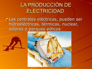 LA PRODUCCIÓN DE
ELECTRICIDAD
Las centrales eléctricas, pueden ser
hidroeléctricas, térmicas, nuclear,
solares o parques eólicos

 