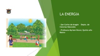 LA ENERGIA
▶San Carlos de Aragón Depto. de
Ciencias Naturales
▶Profesora Myriam Bravo; Quinto año
Básico
 