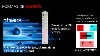 FORMAS DE ENERGÍA
Temperatura (T):
mide la energía
térmica
¿Qué pasa si dos
cuerpos están a la
misma temperatura?
Equilibrio TÉRMICO
TÉRMICA
Producto del movimiento continuo de las
partículas de un material
 