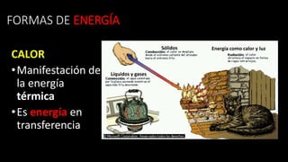 FORMAS DE ENERGÍA
CALOR
•Manifestación de
la energía
térmica
•Es energía en
transferencia
Sólidos
Líquidos y gases
Energía como calor y luz
 