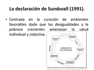 La declaración de Sundsvall (1991).
• Centrada en la curación de ambientes
favorables dado que las desigualdades y la
pobreza crecientes amenazan la salud
individual y colectiva.
 