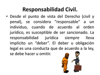 Responsabilidad Civil.
• Desde el punto de vista del Derecho (civil y
penal), se considera “responsable” a un
individuo, cuando de acuerdo al orden
jurídico, es susceptible de ser sancionado. La
responsabilidad jurídica siempre lleva
implícito un “deber”. El deber u obligación
legal es una conducta que de acuerdo a la ley,
se debe hacer u omitir.
 