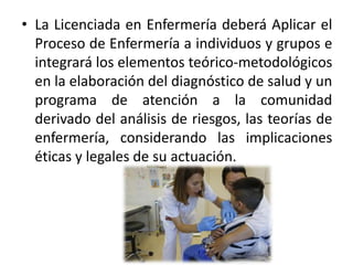 • La Licenciada en Enfermería deberá Aplicar el
Proceso de Enfermería a individuos y grupos e
integrará los elementos teórico-metodológicos
en la elaboración del diagnóstico de salud y un
programa de atención a la comunidad
derivado del análisis de riesgos, las teorías de
enfermería, considerando las implicaciones
éticas y legales de su actuación.
 
