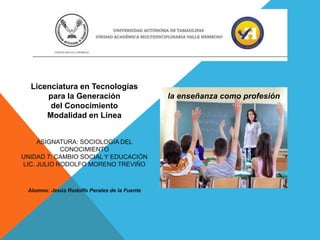 ASIGNATURA: SOCIOLOGÍA DEL
CONOCIMIENTO
UNIDAD 7: CAMBIO SOCIAL Y EDUCACIÓN
LIC. JULIO RODOLFO MORENO TREVIÑO
Alumno: Jesús Rodolfo Perales de la Fuente
Licenciatura en Tecnologías
para la Generación
del Conocimiento
Modalidad en Línea
la enseñanza como profesión
 