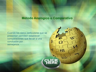 Método Analógico o Comparativo

Cuando los datos particulares que se
presentan permiten establecer
comparaciones que llevan a una
conclusión por
semejanza.

LOGO

 