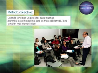 Los
métodos en cuanto a la
relación entre el
profesor y el alumno

Método colectivo:
Cuando tenemos un profesor para muchos
alumnos, este método no sólo es más económico, sino
también más democrático.

LOGO

 