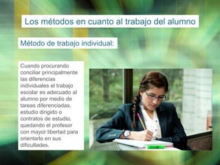 Los métodos en cuanto al trabajo del alumno
Método de trabajo individual:
Cuando procurando
conciliar principalmente
las diferencias
individuales el trabajo
escolar es adecuado al
alumno por medio de
tareas diferenciadas,
estudio dirigido o
contratos de estudio,
quedando el profesor
con mayor libertad para
orientarlo en sus
dificultades.

LOGO

 