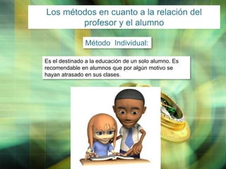 Los métodos en cuanto a la relación del
profesor y el alumno
Método Individual:
Es el destinado a la educación de un solo alumno. Es
recomendable en alumnos que por algún motivo se
hayan atrasado en sus clases.

LOGO

 