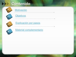 Contenido
Motivación
Objetivos
1
Explicación por pasos
2

Material complementario

 