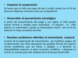 • Impulsar la cooperación
Se busca que el niño sea capaz de dar y recibir ayuda con el fin de
alcanzar objetivos comunes entre sus compañeros
• Desarrollar el pensamiento estratégico
A partir del conocimiento del juego y sus reglas, el niño puede
buscar formas y medios para neutralizar el espacio , el niño
adecua su motricidad y ajusta su desempeño motriz con el fin de
obtener el mejor provecho de ellos.
• Resolver problemas referidos al movimiento corporal
A partir de la exploración de movimientos , de modificar juegos, de
la observación, los niños descubren las posibles formas de superar
ciertos problemas que los llevan a adaptar y a dominar su
disponibilidad corporal: es decir controlar, modificar y disponer el
uso de su cuerpo para salir exitosos de la tarea por desarrollar
 
