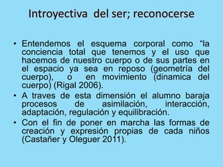 • Entendemos el esquema corporal como “la
conciencia total que tenemos y el uso que
hacemos de nuestro cuerpo o de sus partes en
el espacio ya sea en reposo (geometría del
cuerpo), o en movimiento (dinamica del
cuerpo) (Rigal 2006).
• A traves de esta dimensión el alumno baraja
procesos de asimilación, interacción,
adaptación, regulación y equilibración.
• Con el fin de poner en marcha las formas de
creación y expresión propias de cada niños
(Castañer y Oleguer 2011).
 