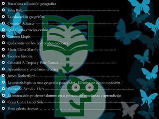  Hacia una educación geográfica
 John Bale.-----------------------------------------------------------------------------
 La educación geográfica
 Osvaldo Baldacci-------------------------------------------------------------------
 Qué-Cómo enseño-evalúo
 Carmen Llopis-----------------------------------------------------------------------
 Qué contienen los contenidos escolares
 María Elena Martín---------------------------------------------------------------
 Teoría e historia
 Cristófol A Trepat y Pilar Comes-----------------------------------------------
 Aprendizaje y enseñanza efectiva
 James Rutherford--------------------------------------------------------------------
 La metodología de una geografía para todos . El entorno como iniciación
 Fernando Arrollo Llera------------------------------------------------------------------------
 La interacción profesor/alumno en el proceso de enseñanza y aprendizaje
 César Coll e Isabel Solé-------------------------------------------------------------------------
 Foto galería Anexos……………………….....................................................
 