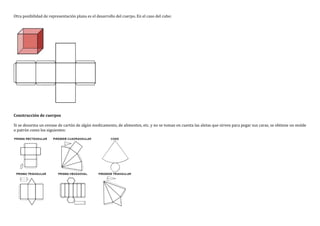 Otra posibilidad de representación plana es el desarrollo del cuerpo. En el caso del cubo:
Construcción de cuerpos
Si se desarma un envase de cartón de algún medicamento, de alimentos, etc. y no se toman en cuenta las aletas que sirven para pegar sus caras, se obtiene un molde
o patrón como los siguientes:
 