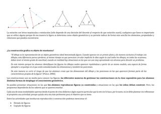 La notación con letras mayúsculas o minúsculas (sólo depende de una decisión del docente al respecto de que notación usará), cualquiera que fuese es importante
que se utilice alguna porque de esa manera la figura se determina como objeto geométrico y se permite indicar de forma más sencilla los elementos, propiedades y
relaciones que pueden encontrarse.
¿La construcción grafica es objeto de enseñanza?
“El dibujo es la representación de un objeto geométrico ideal denominado figura. Cuando aparece en un primer plano y de manera exclusiva el trabajo con
dibujos, esta diferencia parece perderse, al mismo tiempo en que pareciera circular implícita la idea según la cual todos los dibujos, en todas las ocasiones,
deben tener el mismo grado de exactitud, cuando en realidad hay situaciones en las que con uno muy aproximado nos alcanza para discutir un problema.
En este intento porque los alumnos identifiquen las figuras los dibujos suelen aparecer repitiéndose a partir de un mismo modelo, una especie de forma
ejemplar o arquetipo en el que están estandarizadas las dimensiones y también las posiciones.
De esta manera se corre el riesgo de que los alumnos crean que las dimensiones del dibujo y las posiciones en las que aparecen forman parte de las
características propias de la figura” (Ponce, 2006)
Las construcciones son un medio para conocer las figuras, las diferentes maneras de gestionar las construcciones en la clase supondrán para los alumnos
distintas formas de desplegar el conocimiento geométrico.
Se pueden presentar situaciones en las que los alumnos reproduzcan figuras ya construidas y situaciones en las que los niños deban construir. Pero, las
propuestas dependerán de los saberes que se quieren enseñar.
Cada una de estas modalidades aportan desde el punto de vista didáctico algún aspecto particular que la otra no lo hace, por lo tanto, no se debe plantear sin reflexionar
el propósito una actividad, porque quizás otra sea más pertinente para el objetivo que se tiene.
Entre las actividades que involucran reproducción o construcción podemos mencionar el:
 Dictado de figuras
 Copiado de figuras
 