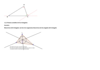 1.2.3 Puntos notables de los triángulos
Incentro
Bisectrices del triángulo: son los tres segmentos bisectrices de los ángulos del triángulo
 