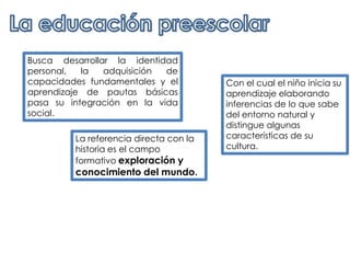 Busca desarrollar la identidad
personal,
la
adquisición
de
capacidades fundamentales y el
aprendizaje de pautas básicas
pasa su integración en la vida
social.
La referencia directa con la
historia es el campo
formativo exploración y

conocimiento del mundo.

Con el cual el niño inicia su
aprendizaje elaborando
inferencias de lo que sabe
del entorno natural y
distingue algunas
características de su
cultura.

 