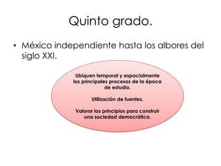Quinto grado.
• México independiente hasta los albores del
siglo XXI.
Ubiquen temporal y espacialmente
los principales procesos de la época
de estudio.

Utilización de fuentes.
Valorar los principios para construir
una sociedad democrática.

 