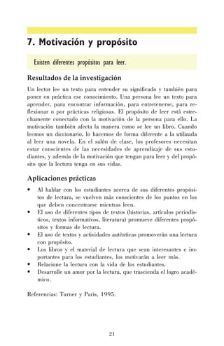 7. Motivación y propósito
Existen diferentes propósitos para leer.
Resultados de la investigación
Un lector lee un texto para entender su significado y también para
poner en práctica ese conocimiento. Una persona lee un texto para
aprender, para encontrar información, para entretenerse, para reflexionar o por prácticas religiosas. El propósito de leer está estrechamente conectado con la motivación de la persona para ello. La
motivación también afecta la manera como se lee un libro. Cuando
leemos un diccionario, lo hacemos de forma diferente a la utilizada
al leer una novela. En el salón de clase, los profesores necesitan
estar conscientes de las necesidades de aprendizaje de sus estudiantes, y además de la motivación que tengan para leer y del propósito que la lectura tenga en sus vidas.

Aplicaciones prácticas
•
•
•
•
•
•

Al hablar con los estudiantes acerca de sus diferentes propósitos de lectura, se vuelven más conscientes de los puntos en los
que deben concentrarse mientras leen.
El uso de diferentes tipos de textos (historias, artículos periodísticos, textos informativos, literatura) promueve diferentes propósitos y formas de lectura.
El uso de textos y actividades auténticas promoverán una lectura
con propósito.
Los libros y el material de lectura que sean interesantes e importantes para los estudiantes, los motivarán a leer más.
Relacione la lectura con la vida de los estudiantes.
Desarrolle un amor por la lectura, que trascienda el logro académico.

Referencias: Turner y Paris, 1995.

21

 