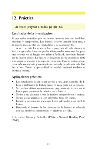 12. Práctica
Los lectores progresan a medida que leen más.
Resultados de la investigación
Es por todos conocido que los buenos lectores leen con facilidad,
exactitud y comprensión. Los buenos lectores también leen más, y
al hacerlo incrementan su vocabulario y su conocimiento.
A su vez, esto les ayuda a hacer progresos de más alcance al
leer y al aprender. Una vez que los niños pueden reconocer las palabras escritas en su lengua con relativa facilidad, necesitan desarrollar la fluidez al leer. La fluidez se desarrolla por la exposición tanto
a la lengua oral como a la impresa. Entre más lean los niños, adquirirán más vocabulario y conocimiento, además de adquirir más fluidez al leer. Tener la oportunidad de escribir mejorará también su
destreza lectora.

Aplicaciones prácticas
•
•
•
•
•
•

Los estudiantes deben tener acceso a una gran cantidad de libros y materiales de lectura tanto en casa como en la escuela.
Se pueden utilizar constantemente programas de lectura en silencio para promover la práctica de la lectura.
Motive a sus alumnos a leer de manera independiente y profusa.
Motive a sus alumnos a leer diferentes tipos de textos.
Enseñe a sus alumnos a escoger libros adecuados a su nivel de
lectura.
Desarrolle el interés de los alumnos en la lectura al enlazarla
con sus intereses, pasatiempos y objetivos de vida.

Referencias: Shany y Bielmiller (1995) y National Reading Panel
(2000).

31

 